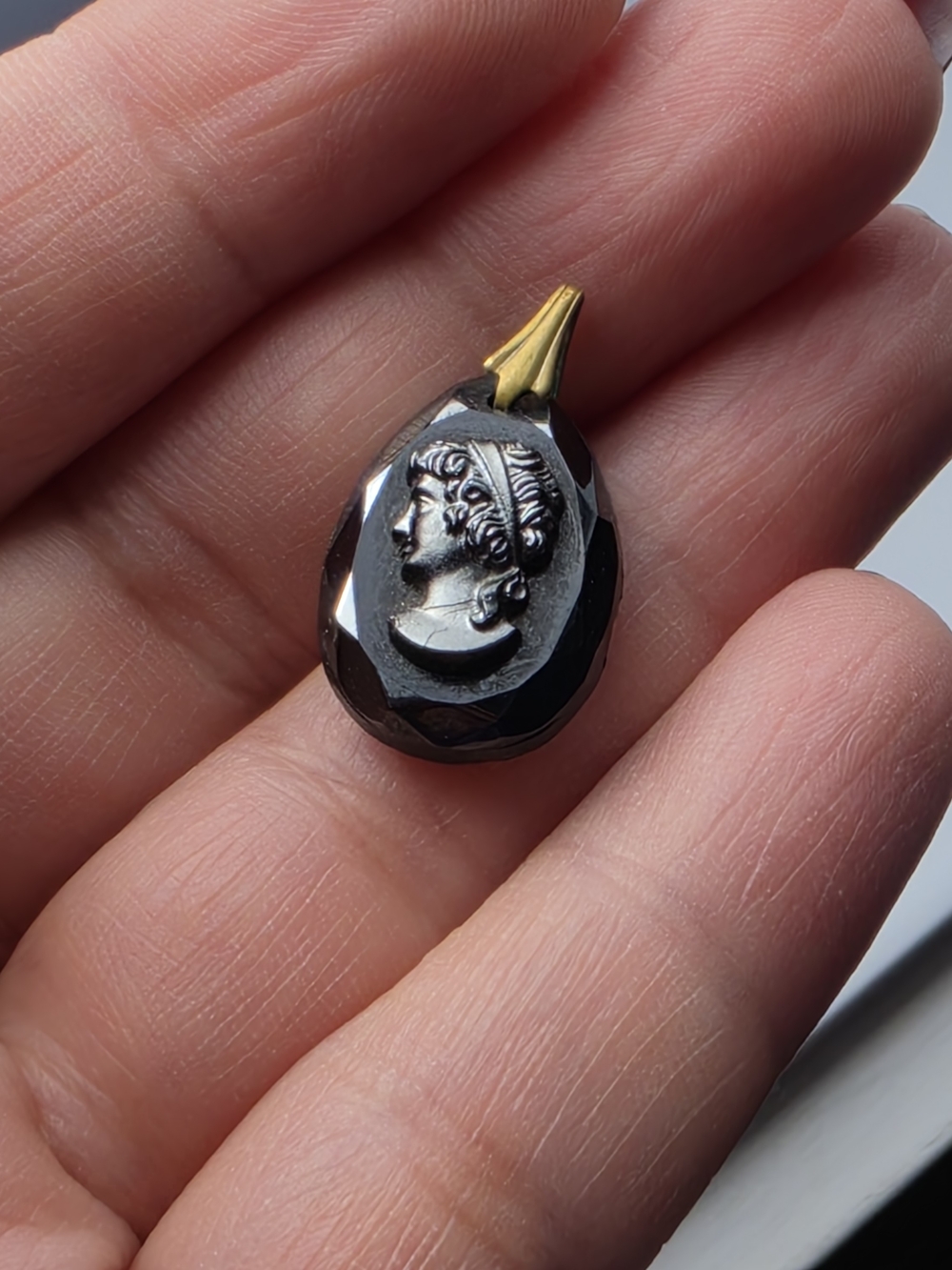 Victorian Black Hematite Silver Cameo Pendant with Brass Bail 1930s